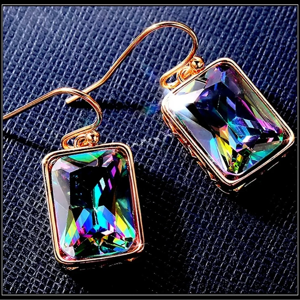 NEW GOLD MYSTIC TOPAZ COLORFUL PRISM SQUARE FILIGREE EARRINGS